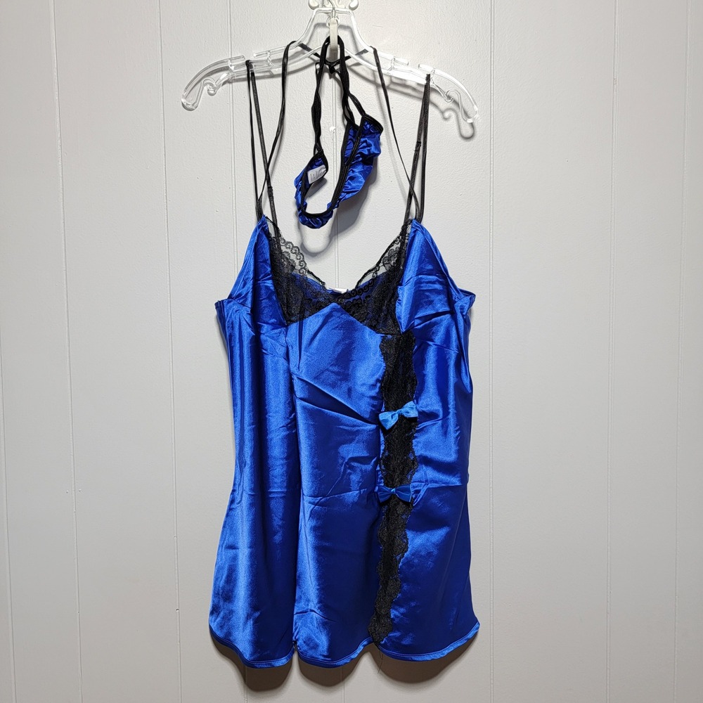 Elegant Moments Royal Blue Satin Lace Chemise thong Set 4134X Womens 1X